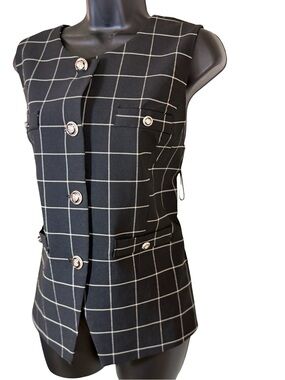 NWT Sleeveless Black Windowpane Button Front Vest Stretchy Nichole Miller